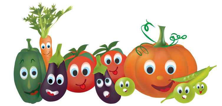Cartoon Vegetables. Illustration of Pepper, Pumpkin, Peas, Tomatoes, Eggplant and  Carrot