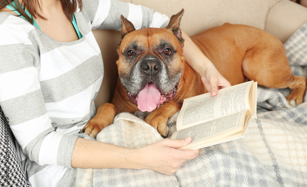 Wall mural cute dog and girl lying on sofa, on home interior background