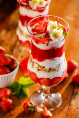 Strawberry yogurt parfait. Delicious and healthy dessert
