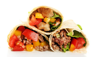 Homemade beef burrito with vegetables and tortilla, isolated on white