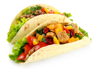 Homemade beef burritos with vegetables and tortilla, isolated on white