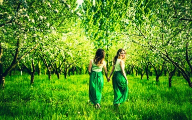 Two happy pretty girls walking on the apple trees garden