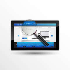 Tablert with magnifying glass, realistic illustration