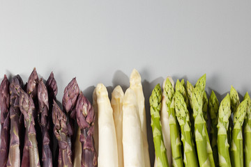 Spargelsorten, Violett, Weiss, Grün, grauer Untergrund, Textfreiraum