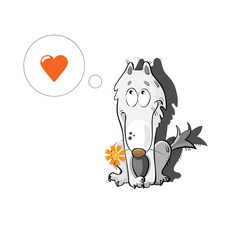 Card with a wolf in love who holds a flower in a mouth.