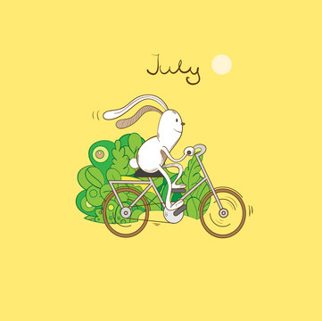 In the summer, in July midday, the hare slides by bicycle by the wood.