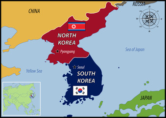 Map of Location of Korea and Flags