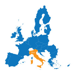 blue map of European Union with indication of Italy