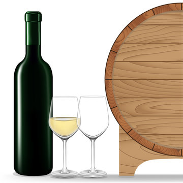 White wine bottle with glass and barrel