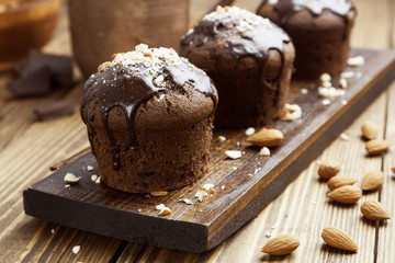 Homemade chocolate muffins with nuts