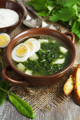 Soup of sorrel and nettles with eggs