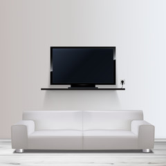Vector HD TV on shelf, and sofa illustration