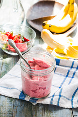 strawberry ice cream in a glass, healthy dessert, summer