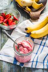 strawberry frozen smoothies in a glass, healthy dessert, summer,
