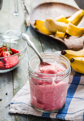 strawberry-banana ice cream in a glass, healthy dessert, summer
