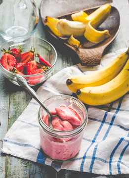 strawberry-banana ice cream in a glass, healthy dessert, summer