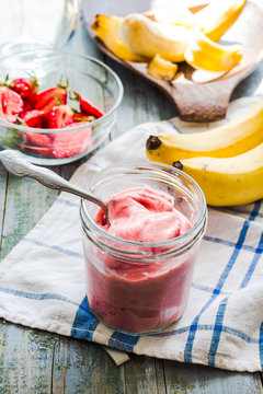 strawberry-banana ice cream in a glass, healthy dessert, summer