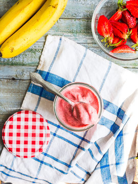 strawberry smoothies in a glass fruit dessert, summer, banana