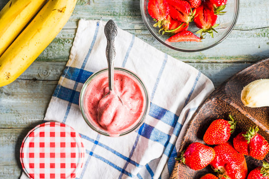 strawberry frozen smoothies in a glass fruit dessert, summer, ba