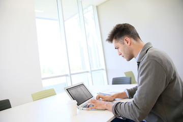 Businessman using laptop in contemporary working room