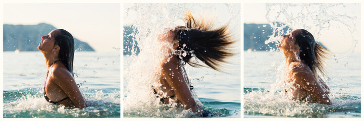 Sequence of active young blonde woman splashing water at the beach