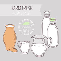 Set of hand drawn dairy farm objects