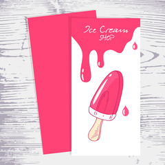 Menu template with hand drawn fruity ice cream. Wood background