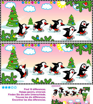 Christmas, winter or New Year themed picture puzzle: Find the ten differences between the two pictures of joyful skating penguins. Answer included.
