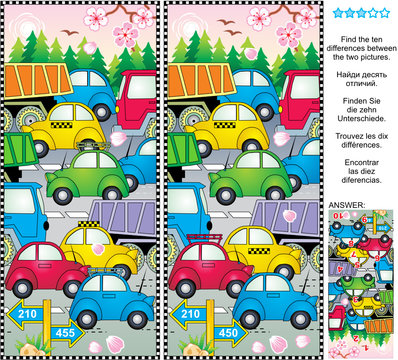 Spring or summer traffic jam picture puzzle: Find the ten differences between the two pictures of cars and trucks on the road, trees in blossom, fresh green forest. Answer included.

