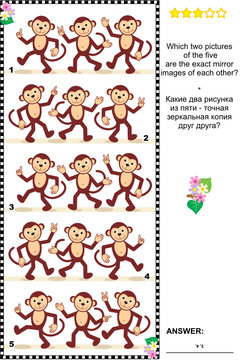 Visual logic puzzle: Which two pictures of the five monkey rows are the exact mirror images of each other? Answer included.
