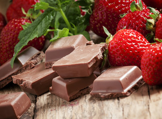 Milk chocolate and  strawberries, selective focus