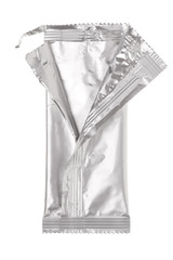 Open aluminum bag isolated on white