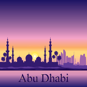Abu Dhabi skyline silhouette background with a Grand Mosque