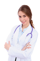 Friendly smiling young female doctor, isolated over white background