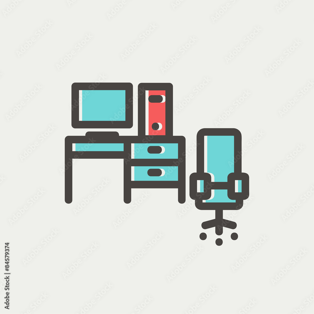 Wall mural computer set with table and chair thin line icon