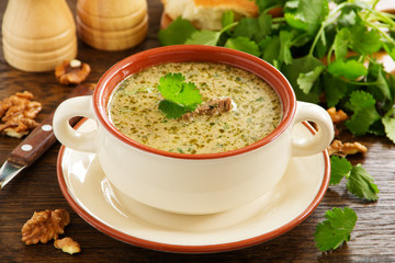 Kharcho soup of beef with walnuts and rice. Georgian cuisine.