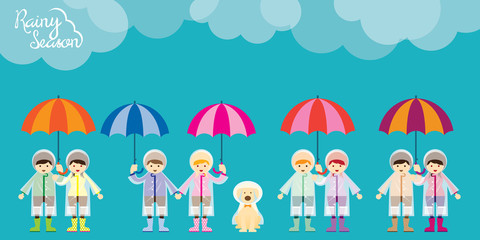 Boy Girl and Dog with Umbrella Rainy Season Character
