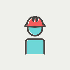 Worker wearing hard hat thin line icon