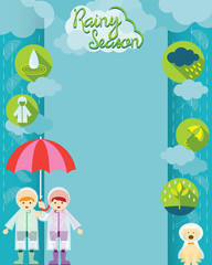 Boy and Girl with Umbrella Rainy Season Icons Frame