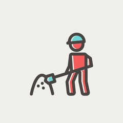 Worker with hard hat and shovel in building site thin line icon