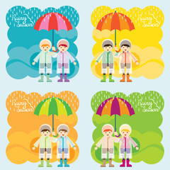 Boy and Girl with Umbrella Rainy Season Background Set