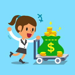 Cartoon businesswoman pushing money trolley