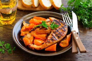 Grilled salmon with soy sauce with vegetables.