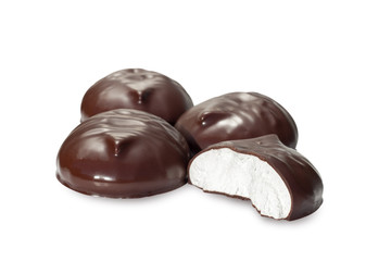 marshmallow in a dark chocolate on white background