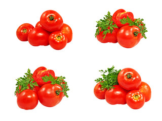 Set of fresh tomatoes and parsley isolated on white background.