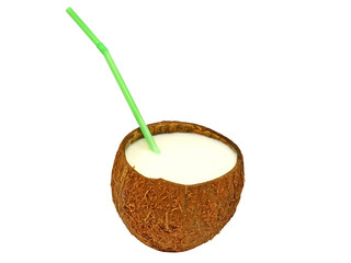 Coconut with a green cocktail straw.