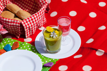 picnic - Picknick auf der Wiese, rote Decke mit weiße Punkten