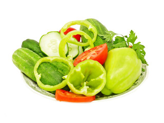 Plate with fresh vegetables.Isolated on white background.