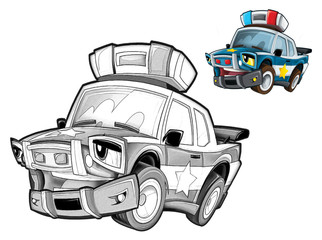 Cartoon police car - caricature - coloring page 