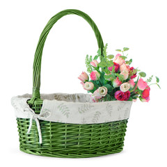 Fototapeta na wymiar vintage weave wicker basket with flowers isolated on white backg